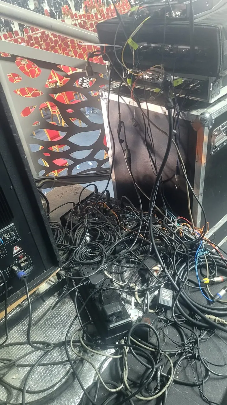 Stage cables and equipment being organised